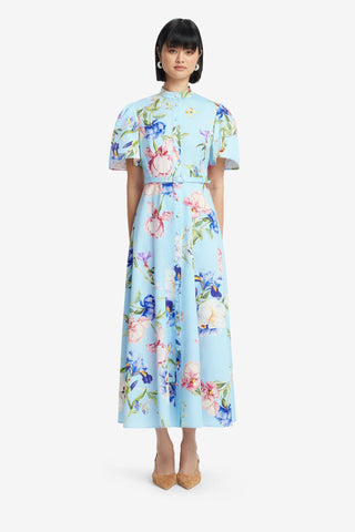 Exclusive LEO LIN Bianca Short Sleeve Midi Dress - Garden Print in Baby Blue