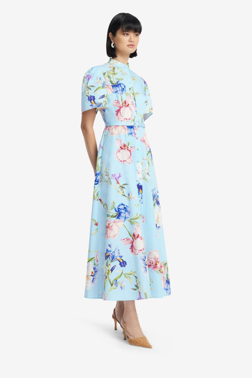 Exclusive LEO LIN Bianca Short Sleeve Midi Dress - Garden Print in Baby Blue