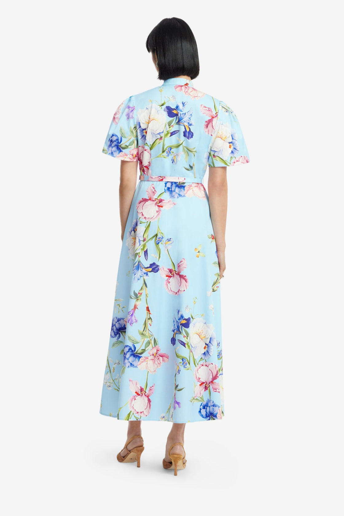 Exclusive LEO LIN Bianca Short Sleeve Midi Dress - Garden Print in Baby Blue
