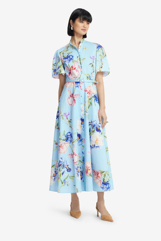 Exclusive LEO LIN Bianca Short Sleeve Midi Dress - Garden Print in Baby Blue