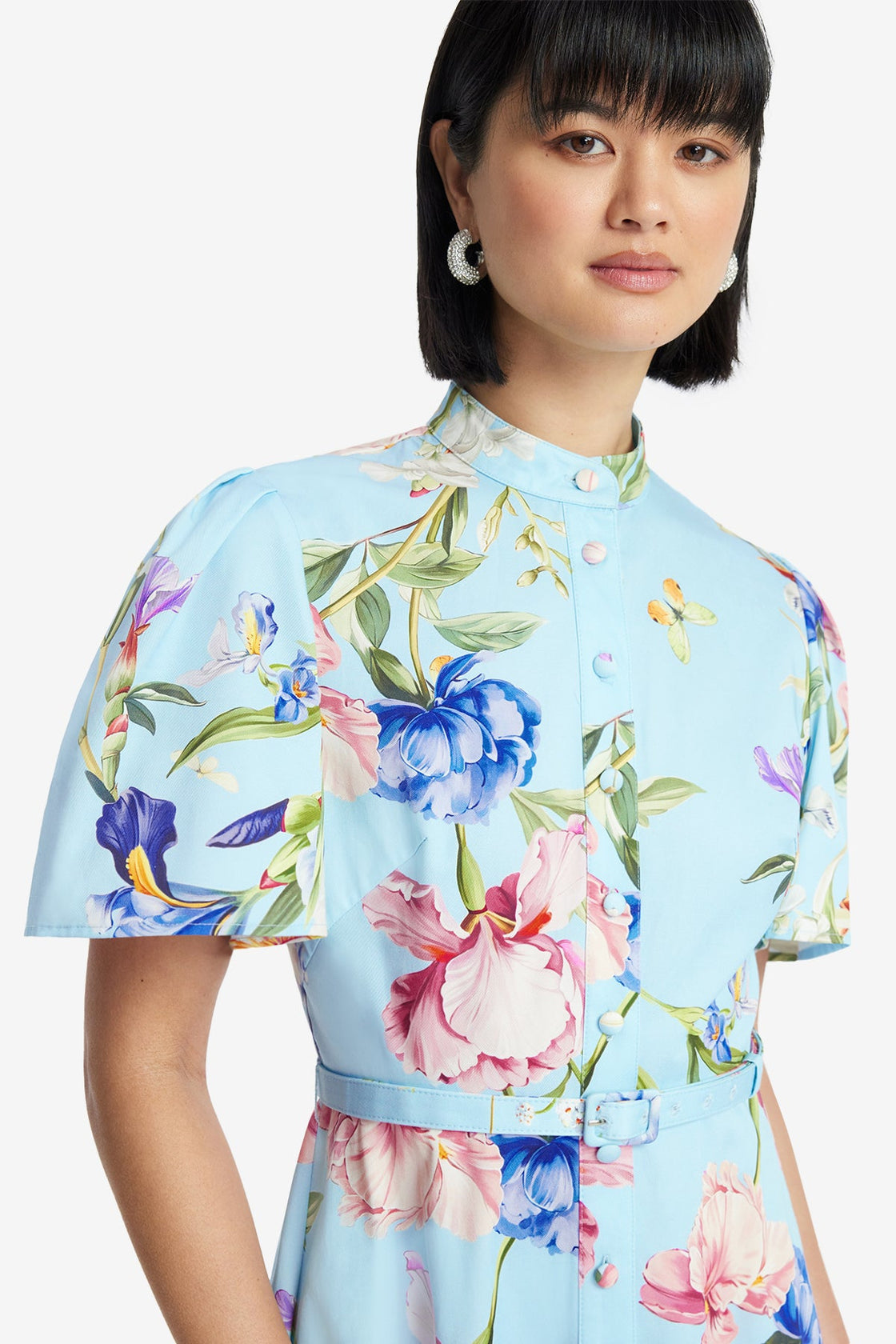 Exclusive LEO LIN Bianca Short Sleeve Midi Dress - Garden Print in Baby Blue