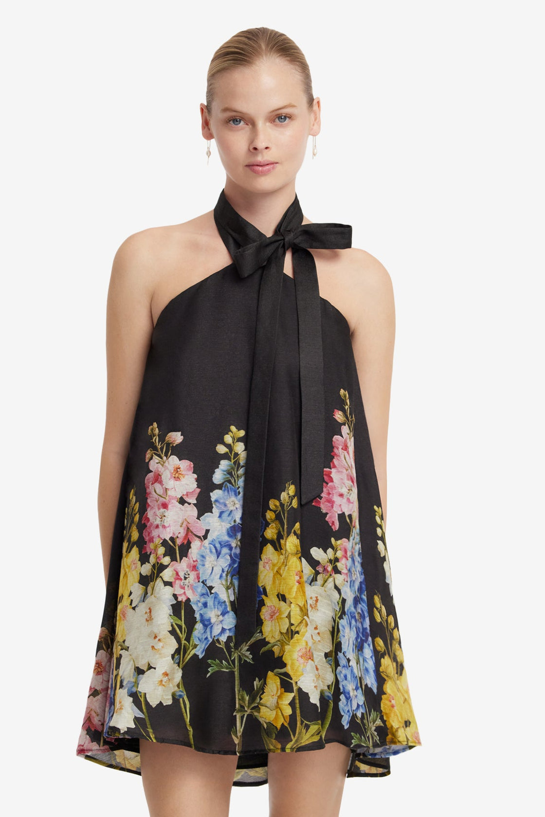 Eloise Halterneck Mini Dress - Snapdragon Print in Ebony Dress Mini