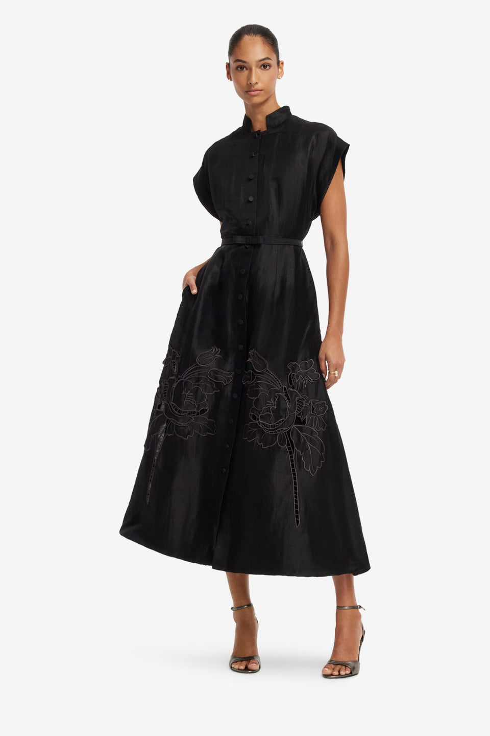 Aubrey Applique Shirt Midi Dress - Ebony Dress Midi