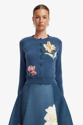 Claire Embroidered Cashmere Blend Cardigan - Lily Print in Indigo Tops