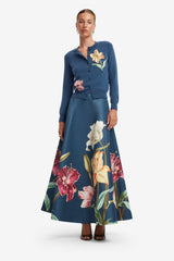 Claire Embroidered Cashmere Blend Cardigan - Lily Print in Indigo Tops