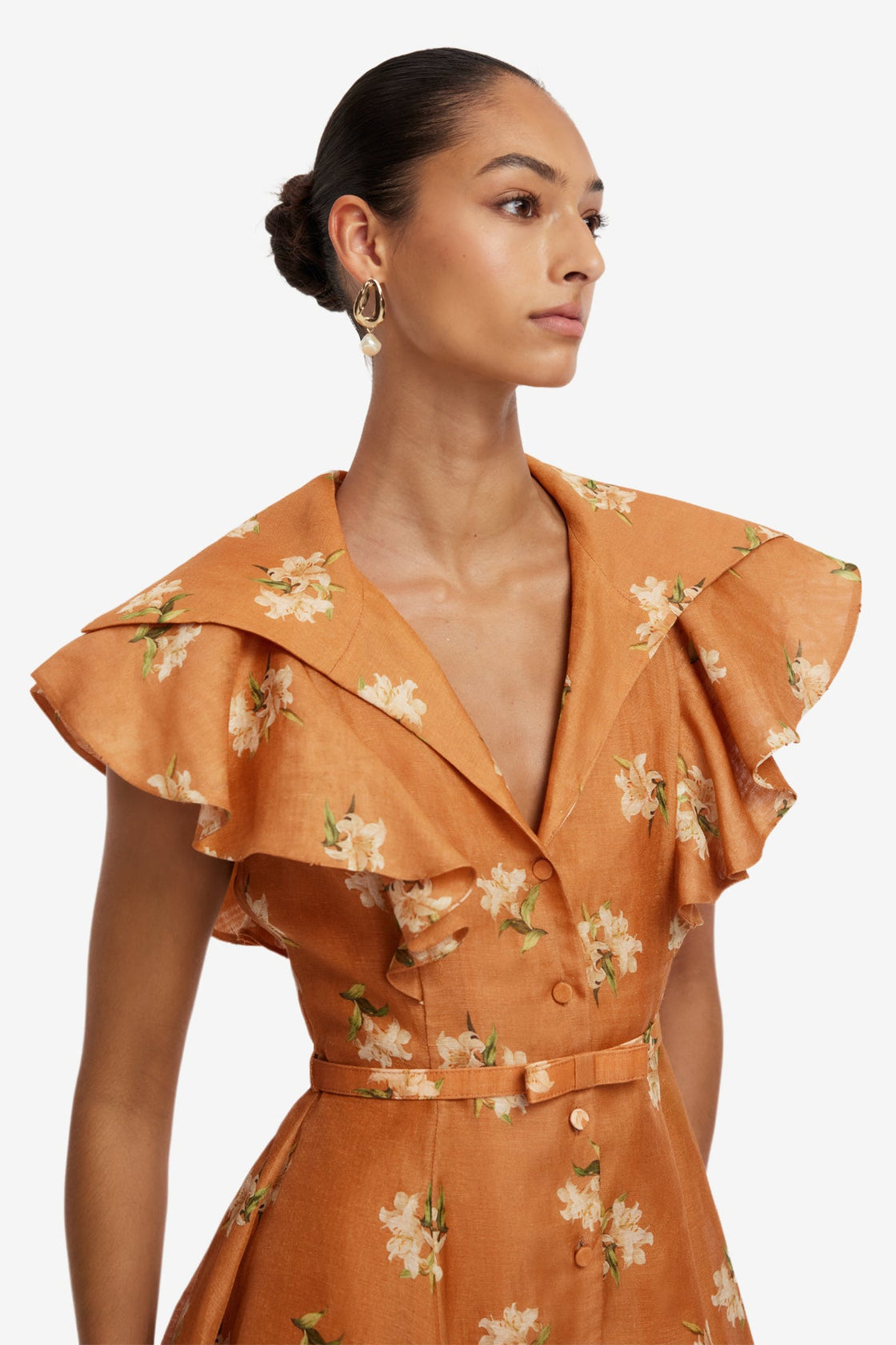 Isla Mini Dress - Lily Print in Ochre Dress Mini