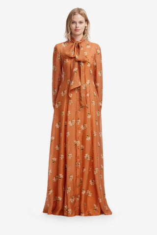 Lilith Tie Neck Maxi Dress - Lily Print in Ochre Dress Maxi