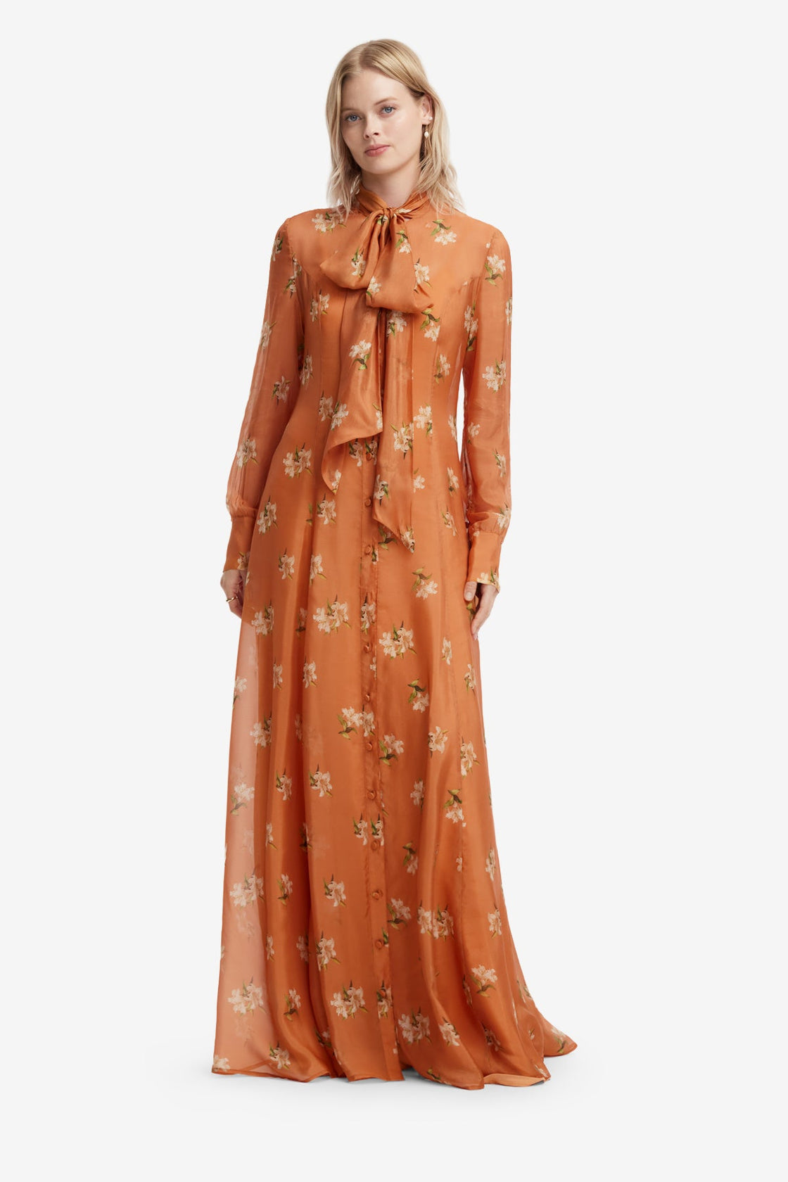 Lilith Tie Neck Maxi Dress - Lily Print in Ochre Dress Maxi