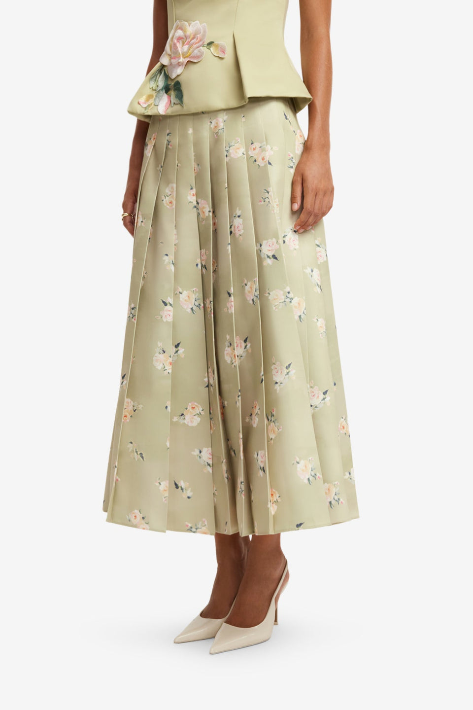 June Pleated Maxi Skirt - Pistachio Rose Print Skirts