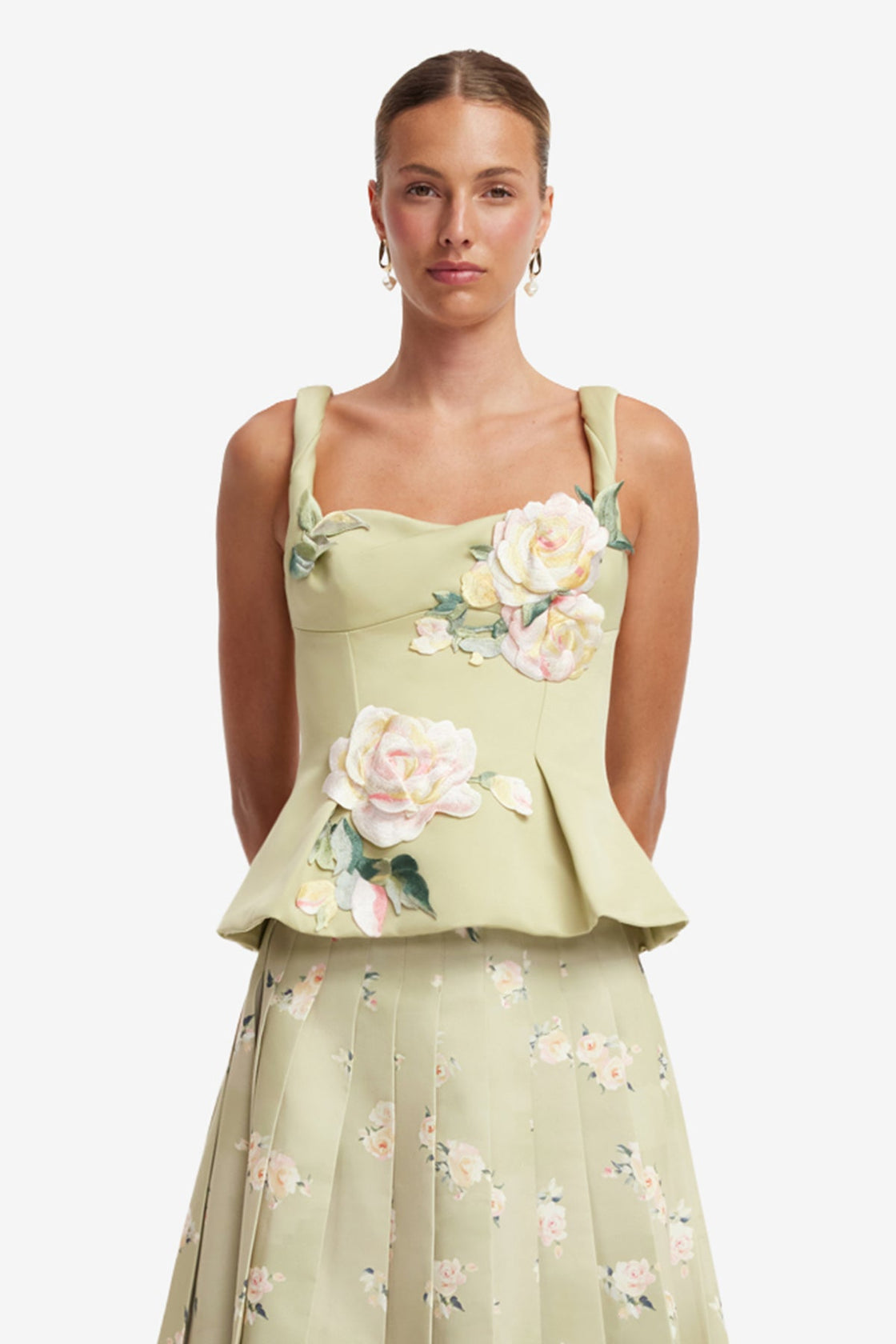 Georgia Embroidered Top - Pistachio Rose Print Tops