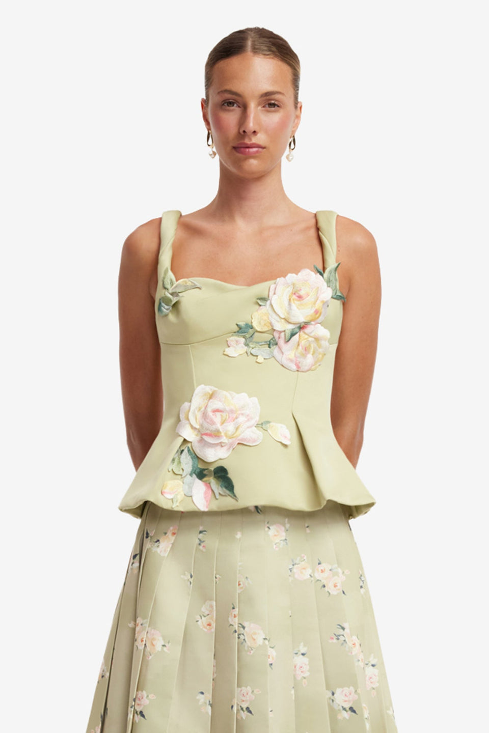 Georgia Embroidered Top - Pistachio Rose Print Tops
