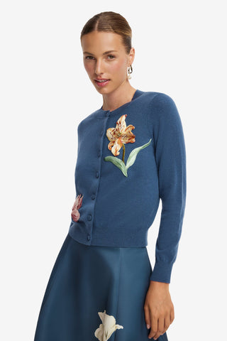 Claire Embroidered Cashmere Blend Cardigan - Lily Print in Indigo Tops