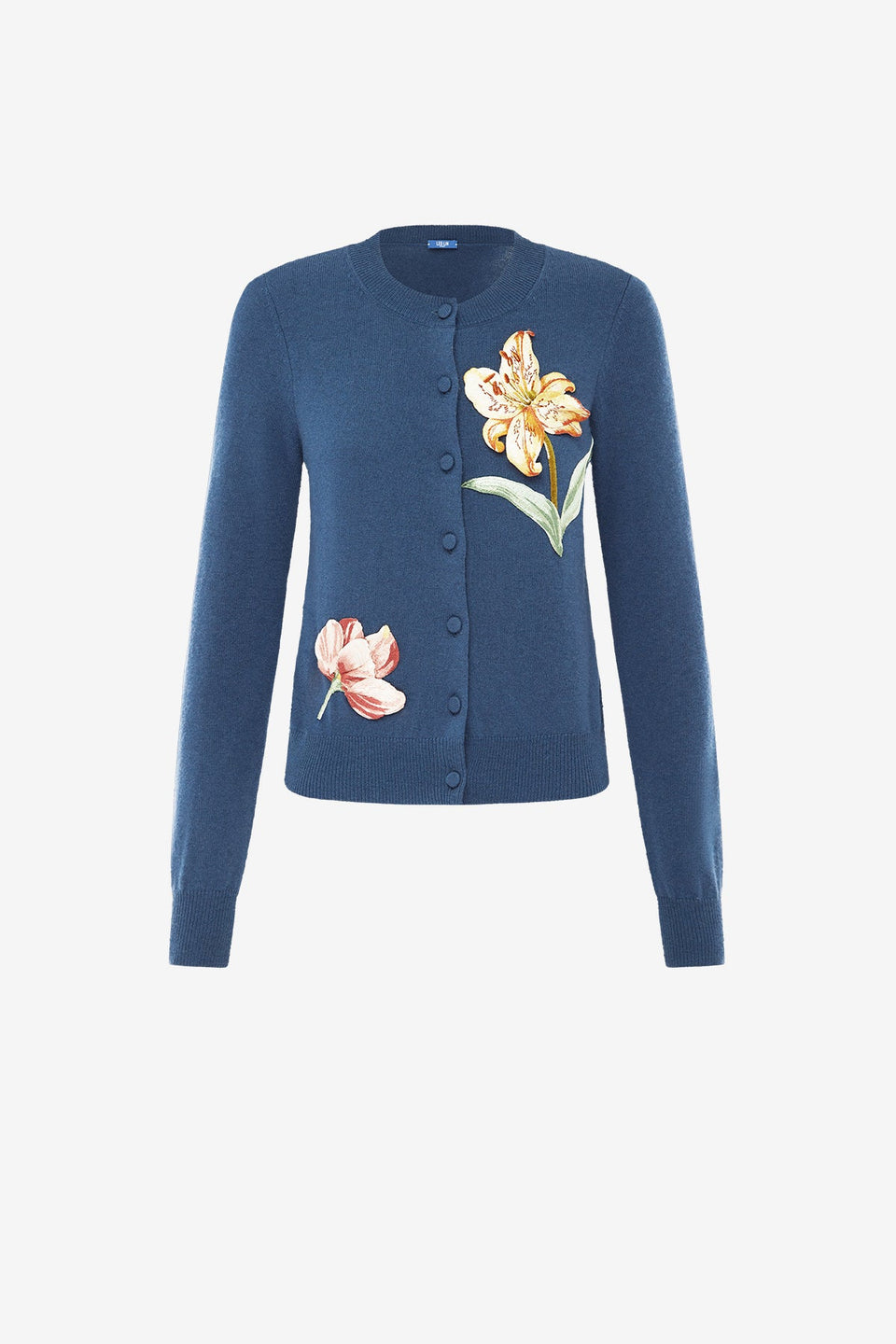 Claire Embroidered Cashmere Blend Cardigan - Lily Print in Indigo Tops