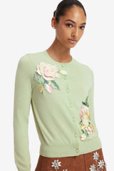 Claire Embroidered Cashmere Blend Cardigan - Pistachio Rose Print Tops