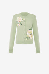 Claire Embroidered Cashmere Blend Cardigan - Pistachio Rose Print Tops