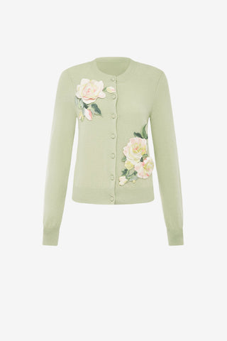 Claire Embroidered Cashmere Blend Cardigan - Pistachio Rose Print Tops