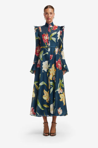 Katrina Butterfly Sleeve Midi Dress - Lily Print in Indigo Dress Midi