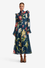 Katrina Butterfly Sleeve Midi Dress - Lily Print in Indigo Dress Midi