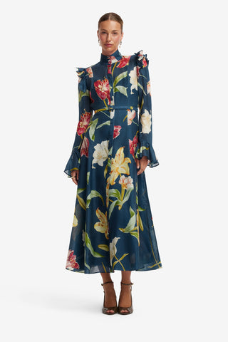 Katrina Butterfly Sleeve Midi Dress - Lily Print in Indigo Dress Midi