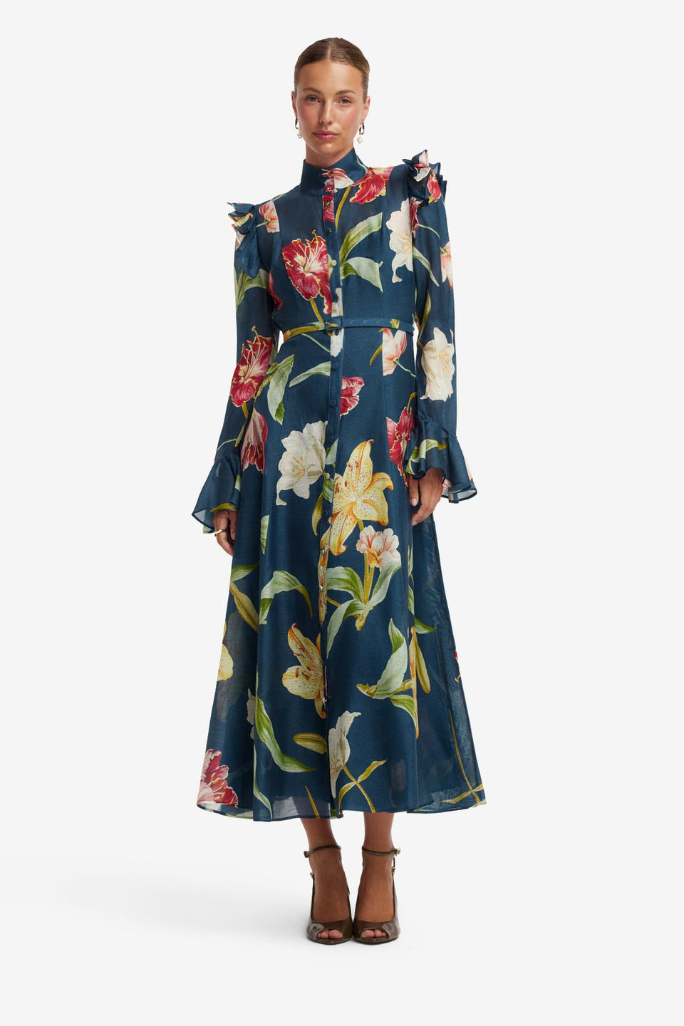 Katrina Butterfly Sleeve Midi Dress - Lily Print in Indigo Dress Midi