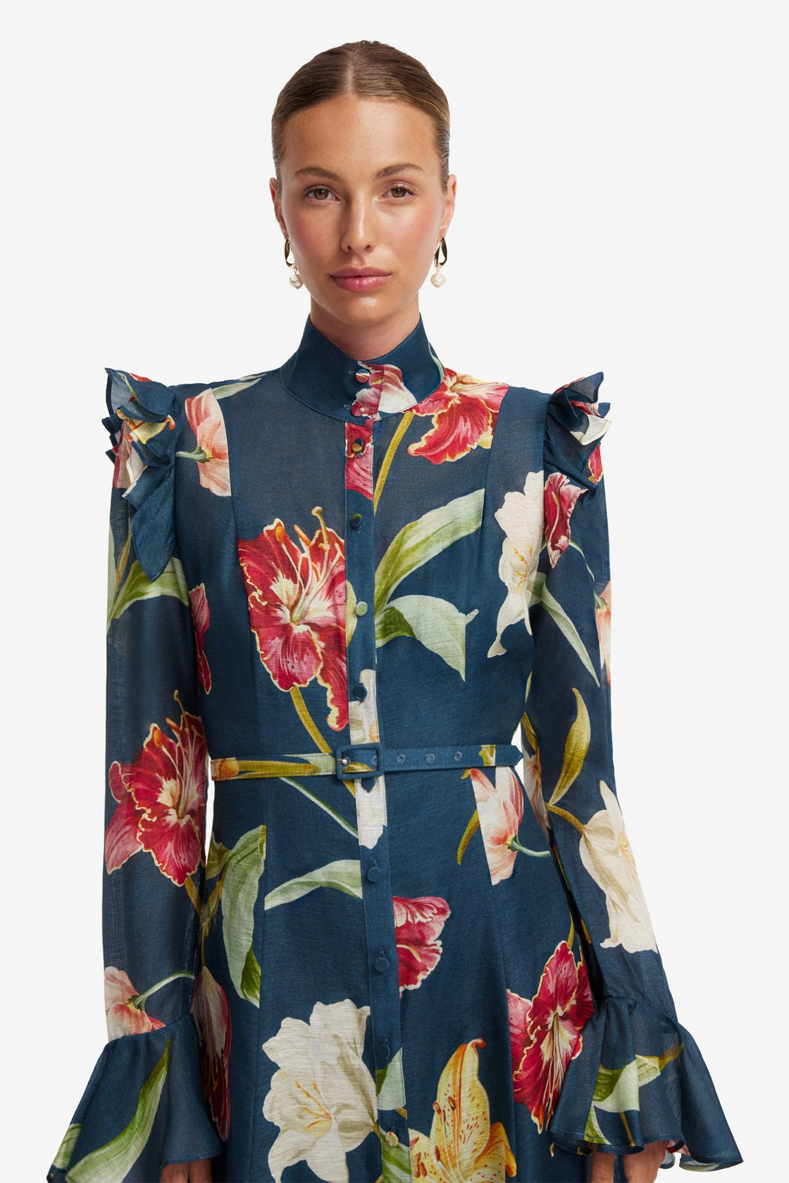 Katrina Butterfly Sleeve Midi Dress - Lily Print in Indigo Dress Midi