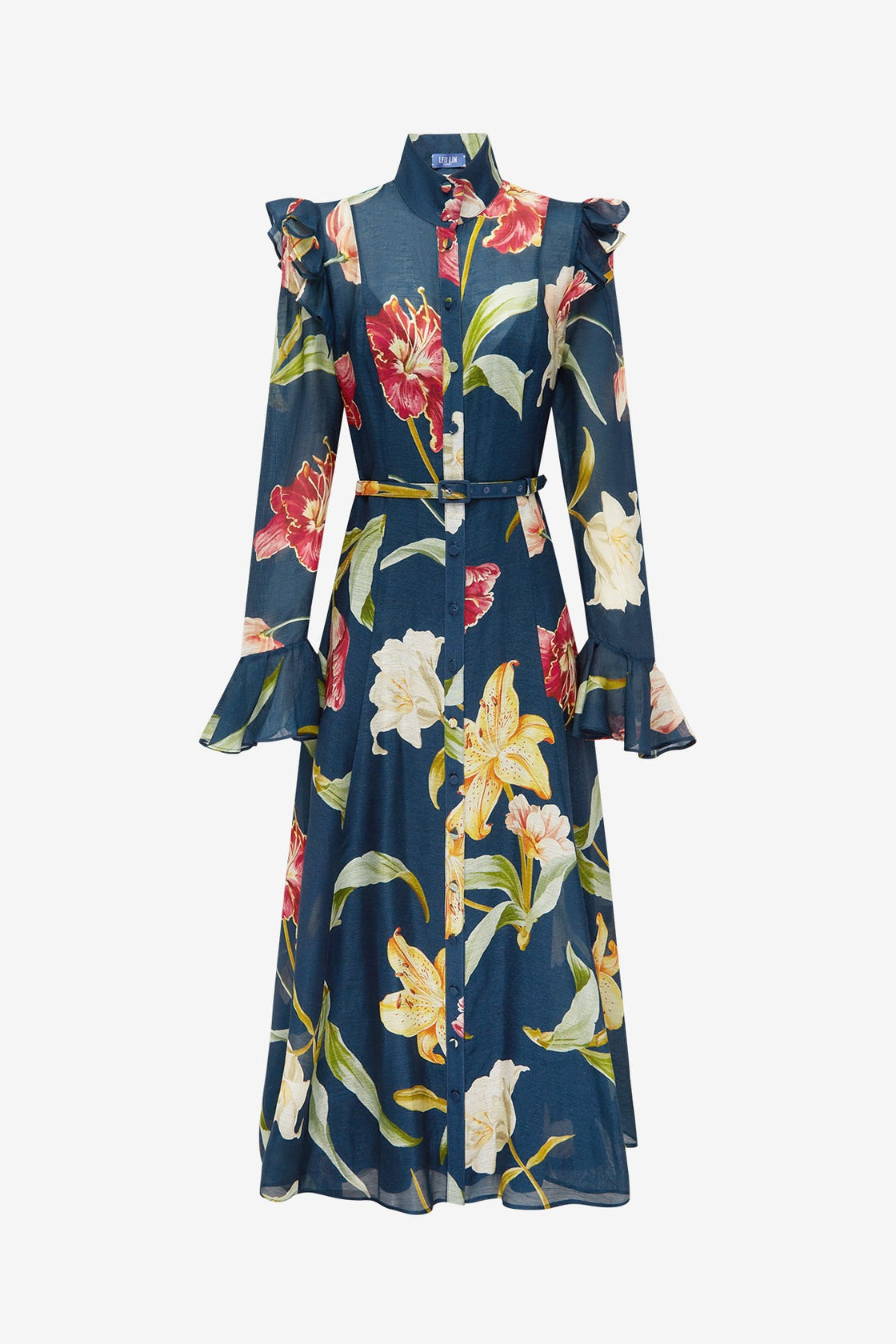 Katrina Butterfly Sleeve Midi Dress - Lily Print in Indigo Dress Midi