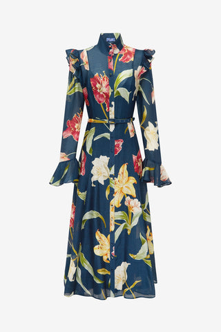 Katrina Butterfly Sleeve Midi Dress - Lily Print in Indigo Dress Midi