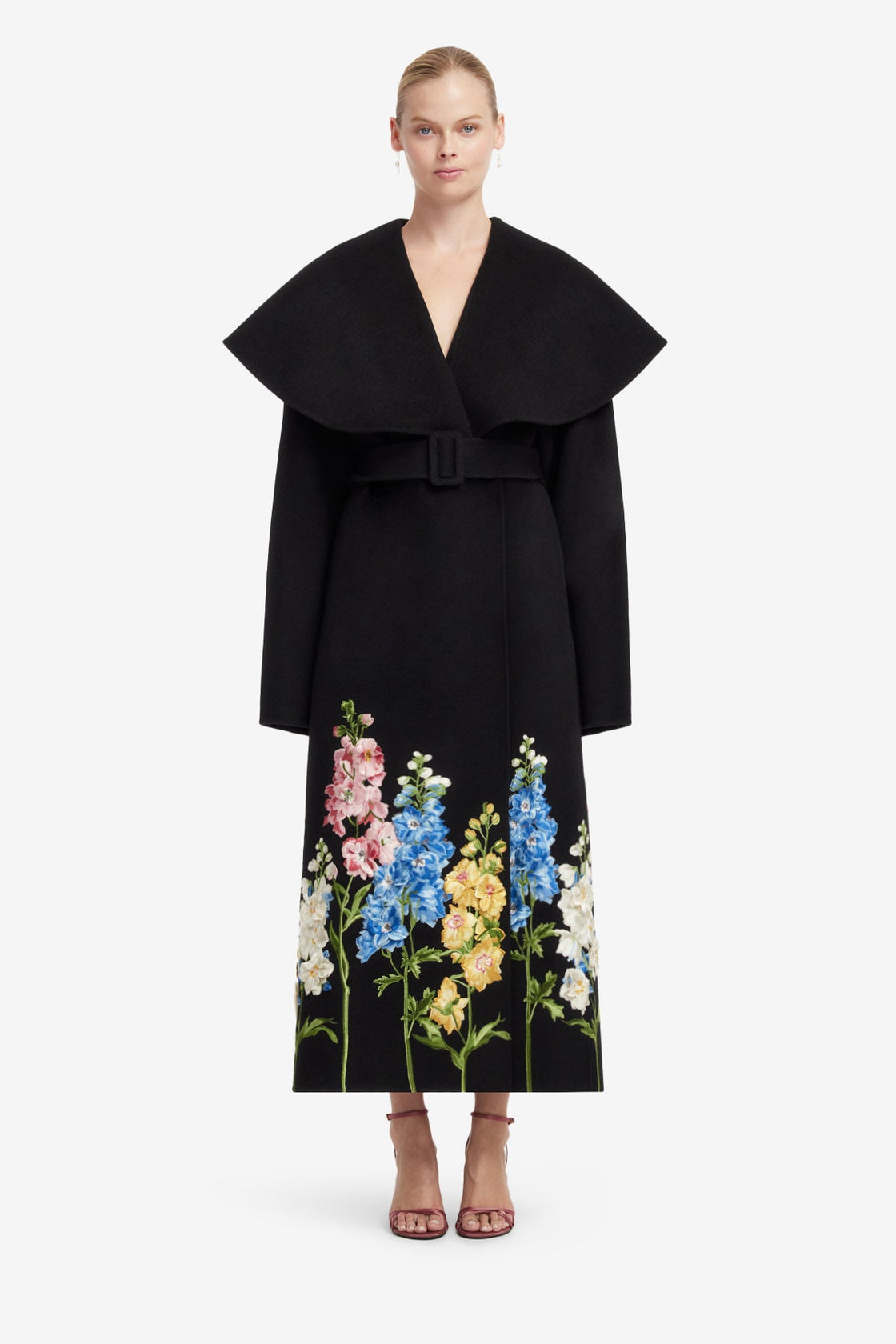 Joan Embroidered Wool Coat - Snapdragon Print in Ebony Coats