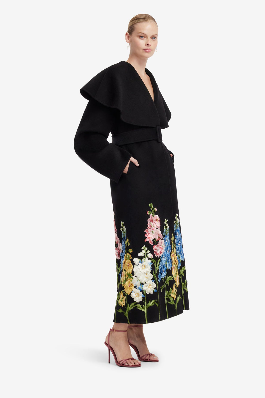 Joan Embroidered Wool Coat - Snapdragon Print in Ebony Coats