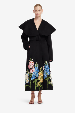 Joan Embroidered Wool Coat - Snapdragon Print in Ebony Coats