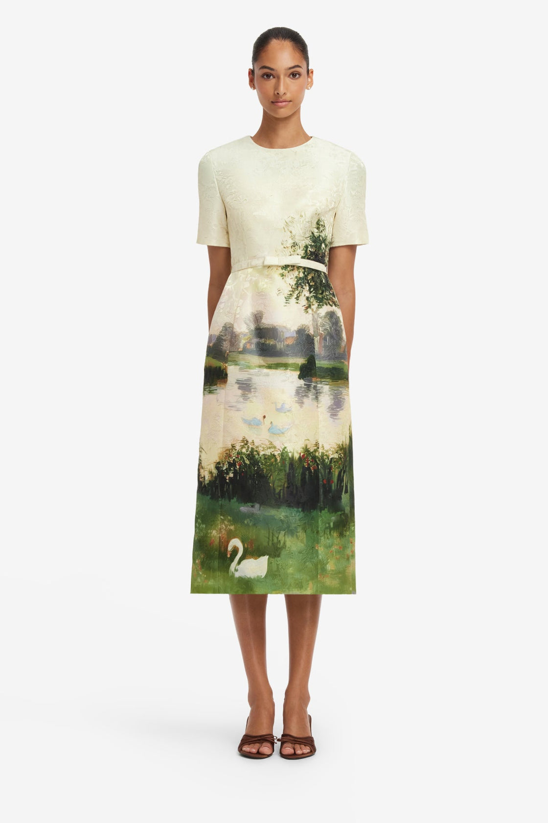 Elizabeth Jacquard Short Sleeve Midi Dress  - Serene Print Dress Midi
