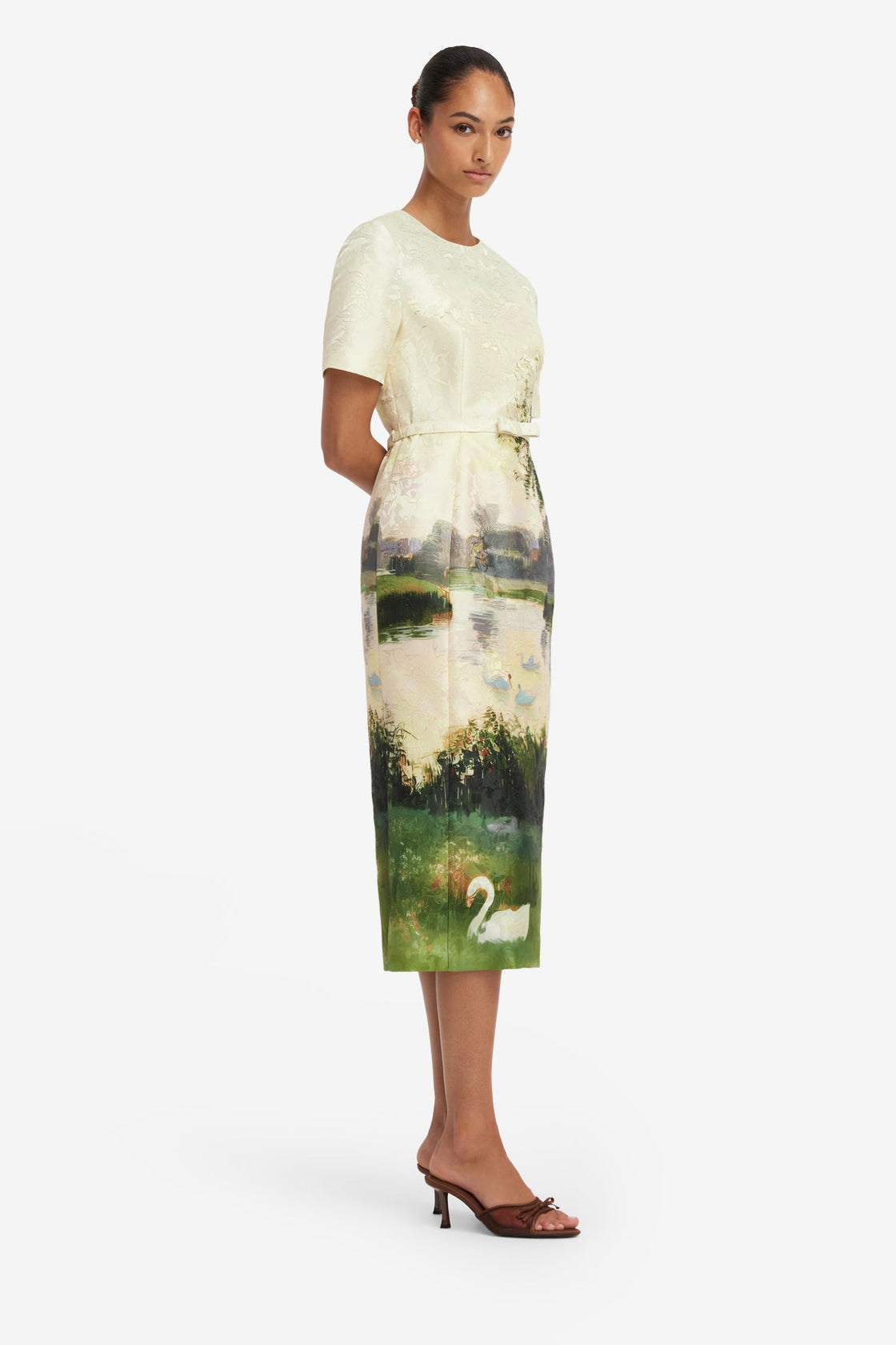 Elizabeth Jacquard Short Sleeve Midi Dress  - Serene Print Dress Midi