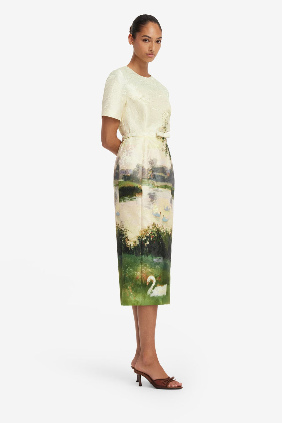 Elizabeth Jacquard Short Sleeve Midi Dress  - Serene Print Dress Midi