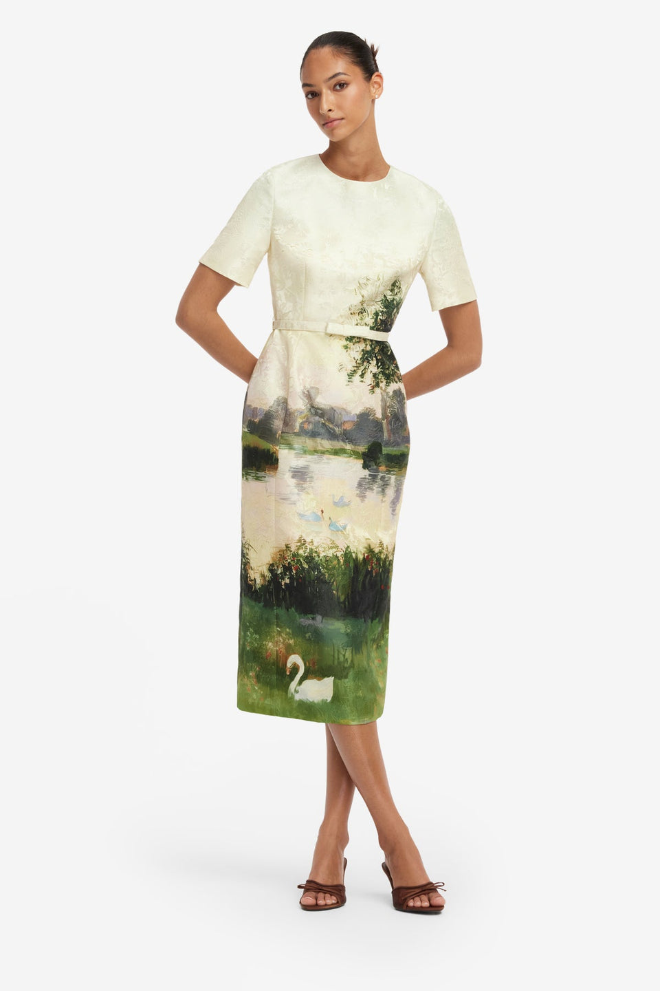 Elizabeth Jacquard Short Sleeve Midi Dress  - Serene Print Dress Midi