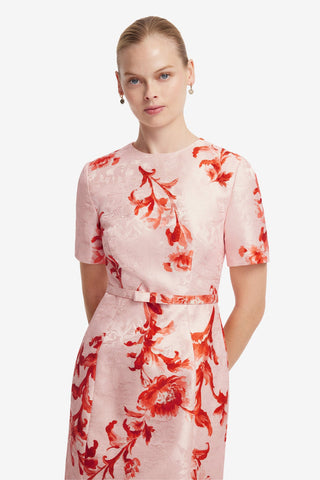 Elizabeth Jacquard Short Sleeve Midi Dress  - Magnolia Print Dress Midi