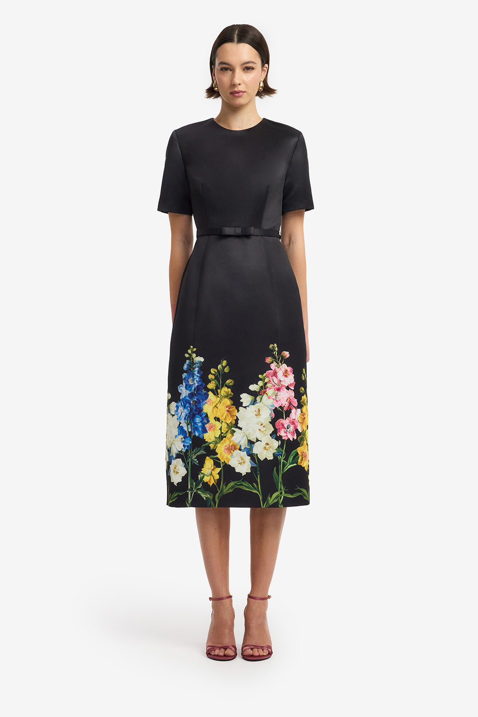 Elizabeth Short Sleeve Midi Dress - Snapdragon Print in Ebony Dress Midi