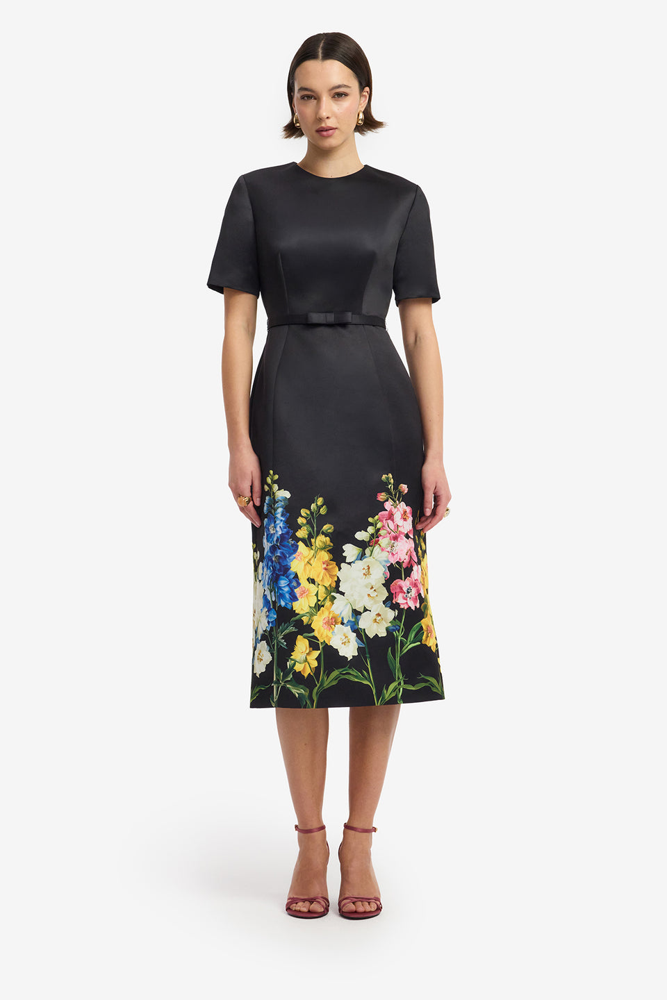 Elizabeth Short Sleeve Midi Dress - Snapdragon Print in Ebony Dress Midi