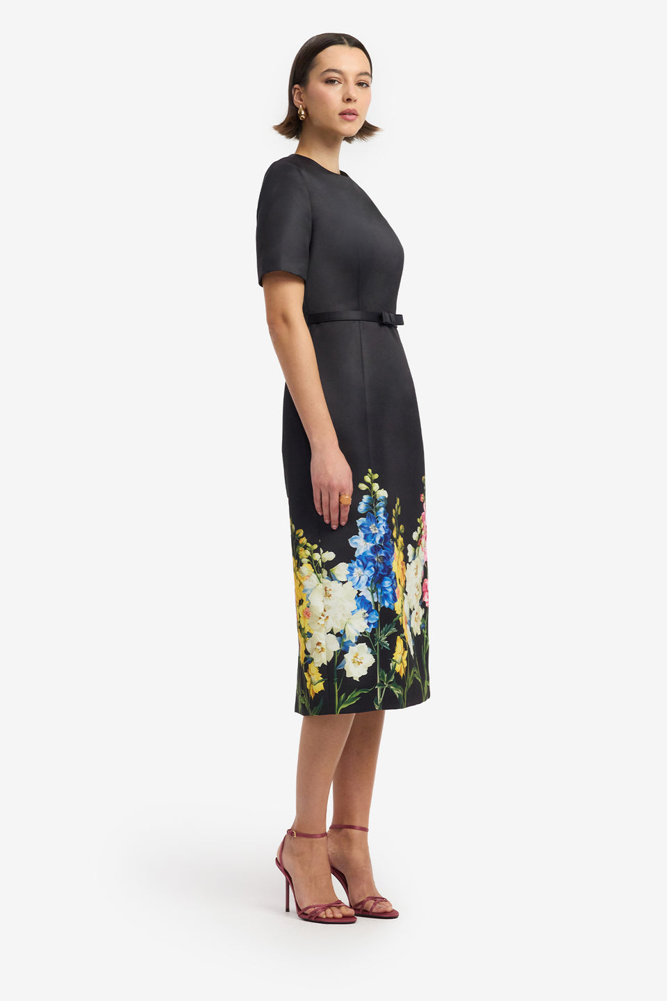Elizabeth Short Sleeve Midi Dress - Snapdragon Print in Ebony Dress Midi