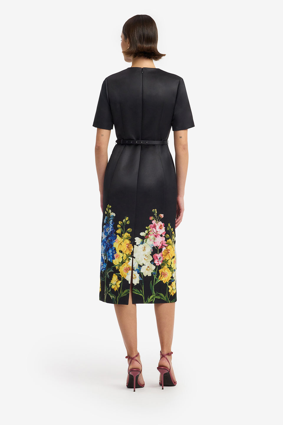 Elizabeth Short Sleeve Midi Dress - Snapdragon Print in Ebony Dress Midi