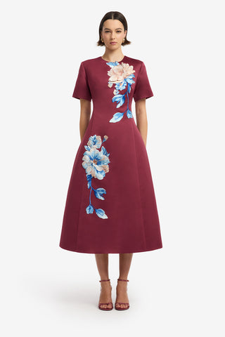 Caroline Embroidered Short Sleeve Midi Dress - Cosmos Print Dress Midi