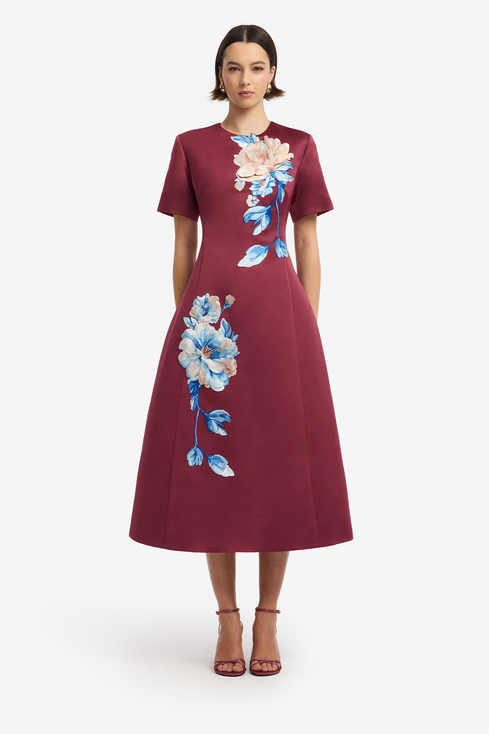 Caroline Embroidered Short Sleeve Midi Dress - Cosmos Print Dress Midi