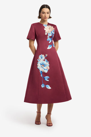 Caroline Embroidered Short Sleeve Midi Dress - Cosmos Print Dress Midi