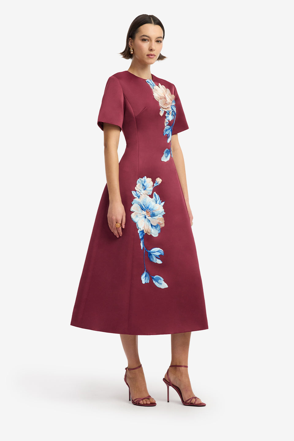 Caroline Embroidered Short Sleeve Midi Dress - Cosmos Print Dress Midi