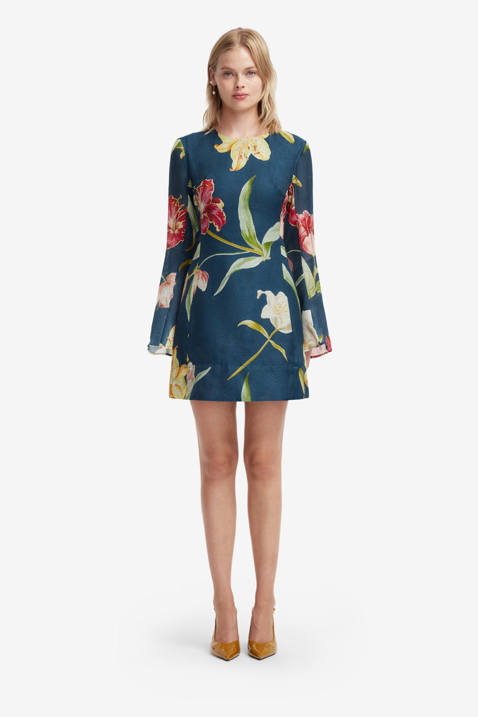 Suzanne Bell Sleeve Mini Dress - Lily Print in Indigo Dress Mini