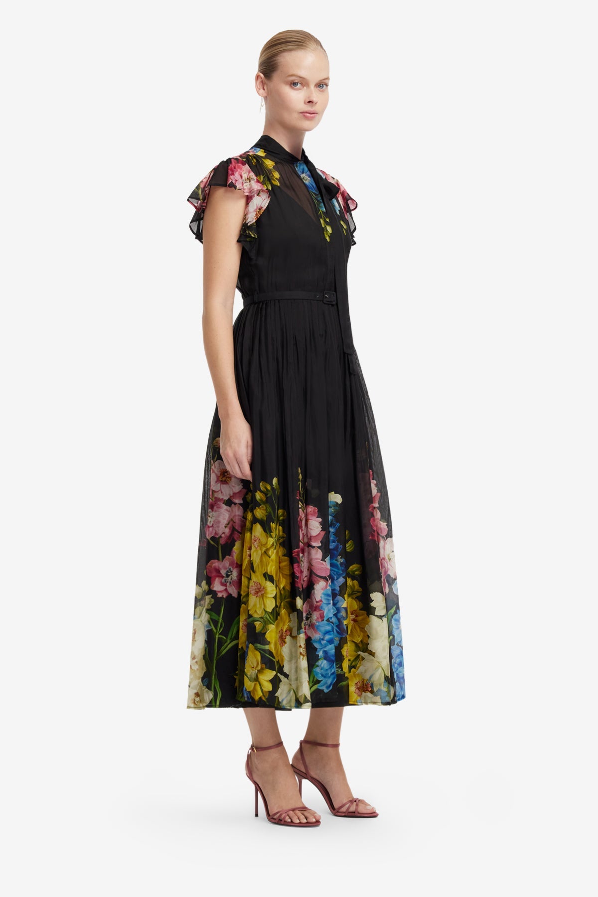 Grace Flutter Sleeve Midi Dress - Snapdragon Print in Ebony – LEO LIN