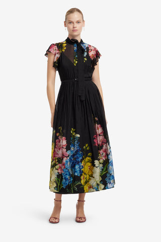 Grace Flutter Sleeve Midi Dress - Snapdragon Print in Ebony Dress Midi