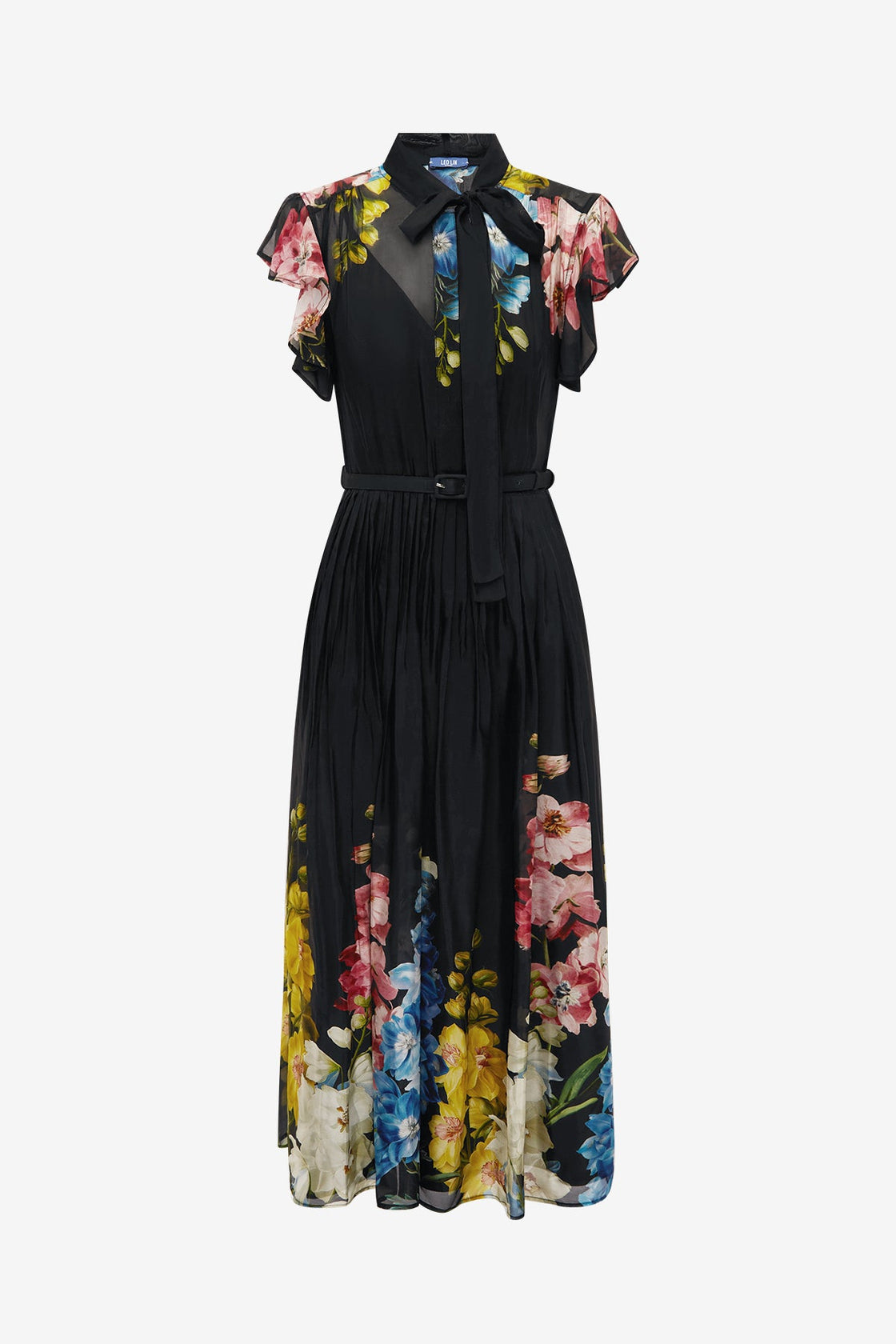 Grace Flutter Sleeve Midi Dress - Snapdragon Print in Ebony Dress Midi