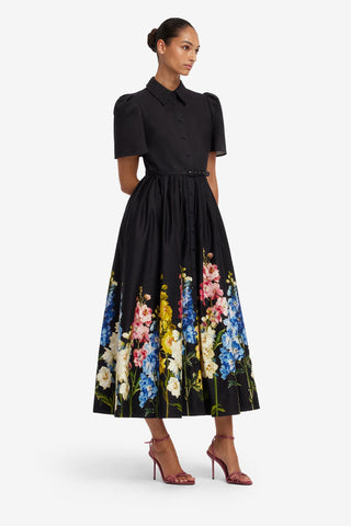 Bianca Short Sleeve Midi Dress - Snapdragon Print in Ebony Dress Midi