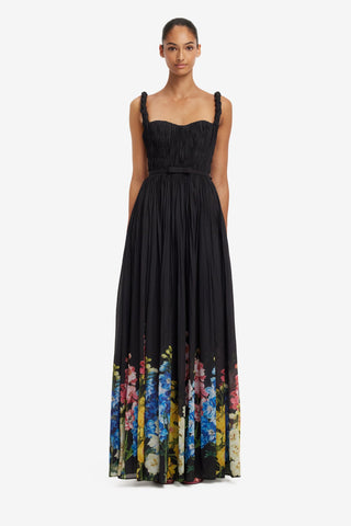 Angelina Ruffled Floor Length Dress - Snapdragon Print in Ebony Dress Maxi