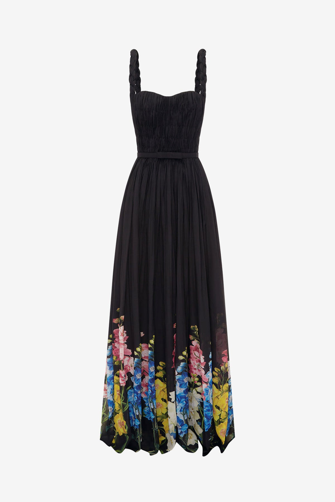 Angelina Ruffled Floor Length Dress - Snapdragon Print in Ebony Dress Maxi